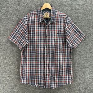 Red Head Shirt Men L Large Black Plaid Button Up Collared Short Sleeve Cotton